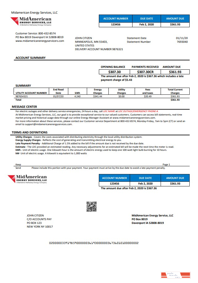 USA Iowa MidAmerican Energy Services utility bill template in Word and PDF format